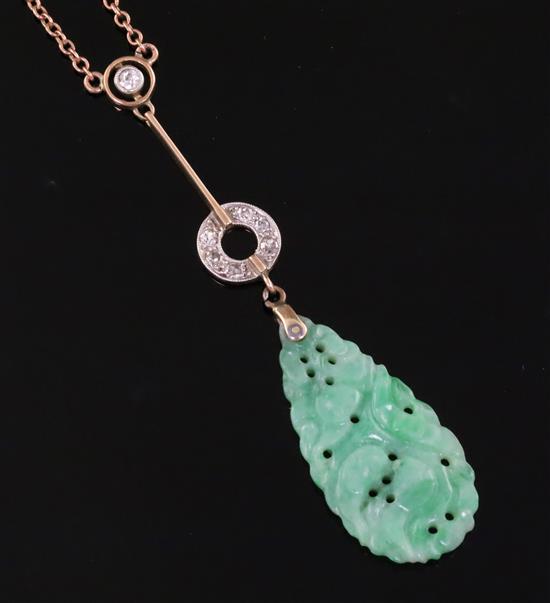 A 1940s/1950s? gold, carved jade and diamond set drop pendant necklace, (chain a.f.), gross weight 4.3 grams.